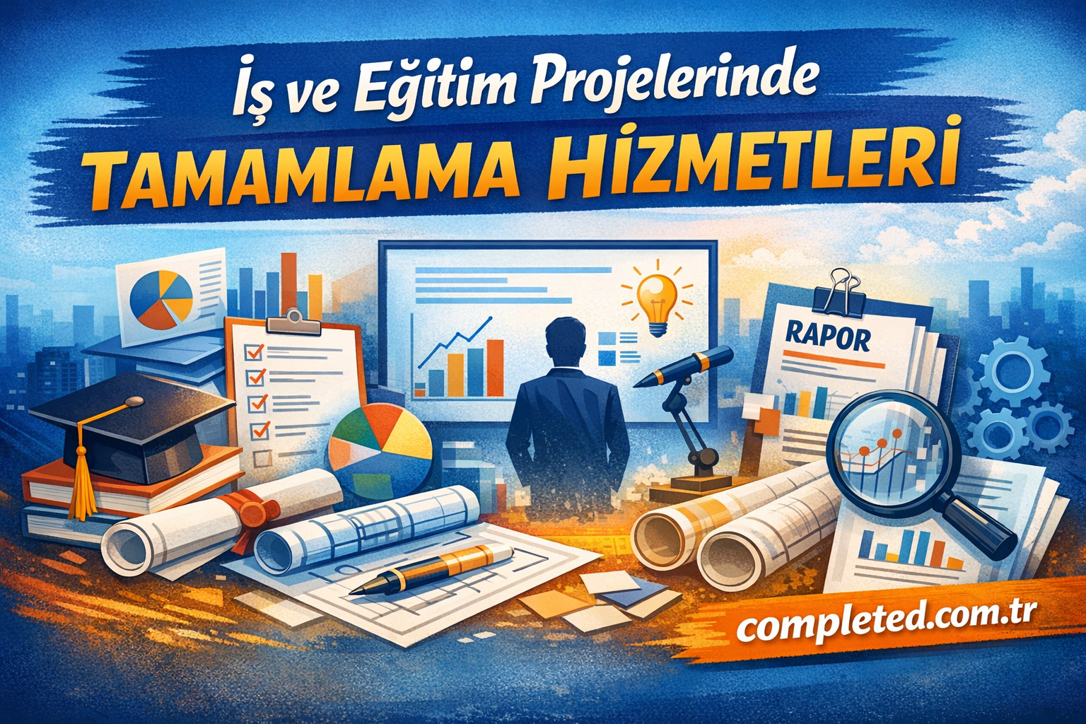 İş ve eğitim projelerinde tamamlama hizmetlerini gösteren grafikli illüstrasyon; Başarı odaklı ofis sahnesi, belgeler ve sunum ekranı ile kartlar.
