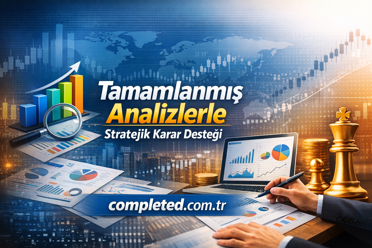Turkish: 'Tamamlanmış Analizlerle Stratejik Karar Desteği' with charts, magnifying glass, and a laptop showing graphs on a blue/orange background (business analytics visual)