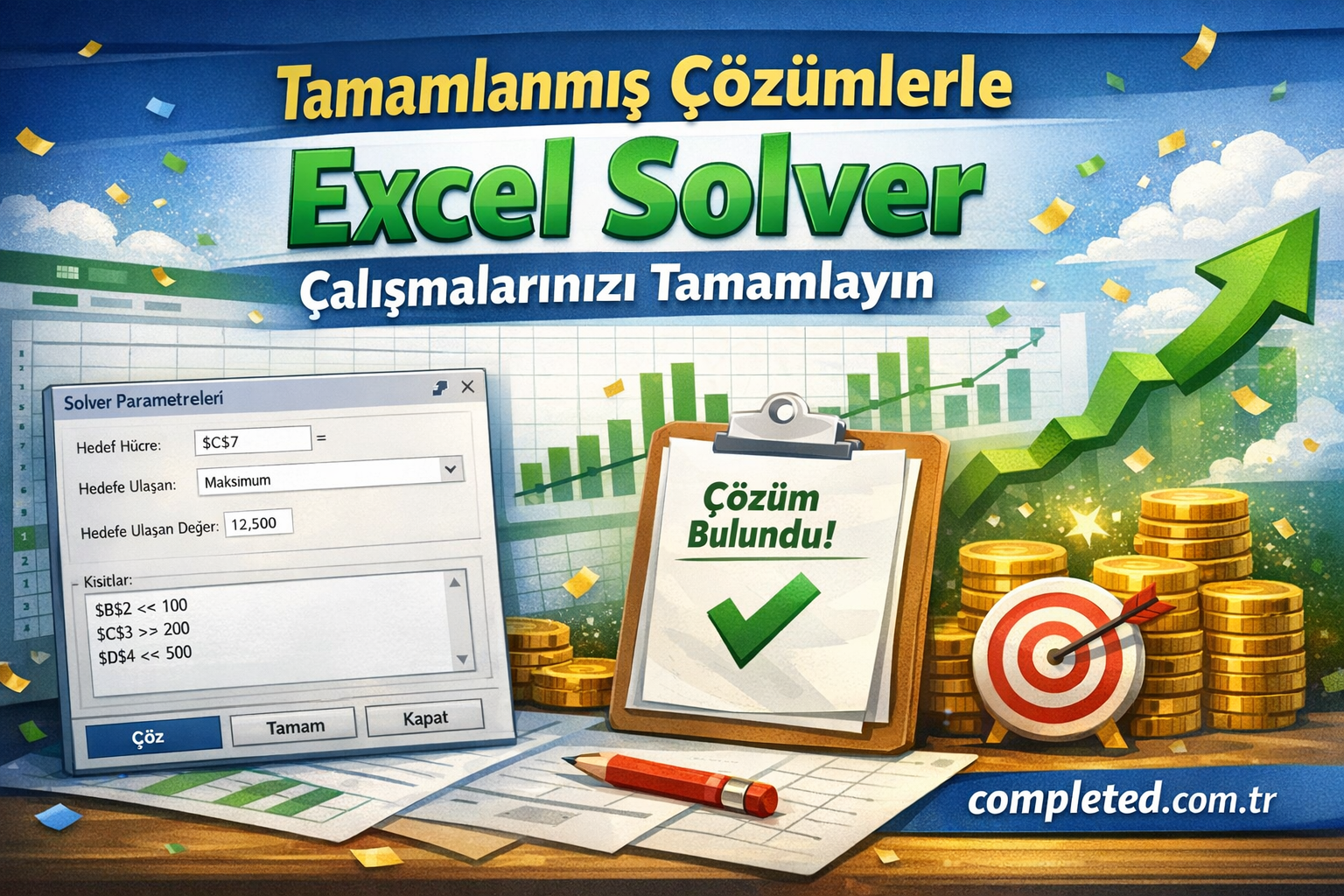 Vibrant banner about Excel Solver; clipboard shows 'Çözüm Bulundu!', rising graph, coins, and a pen on papers.