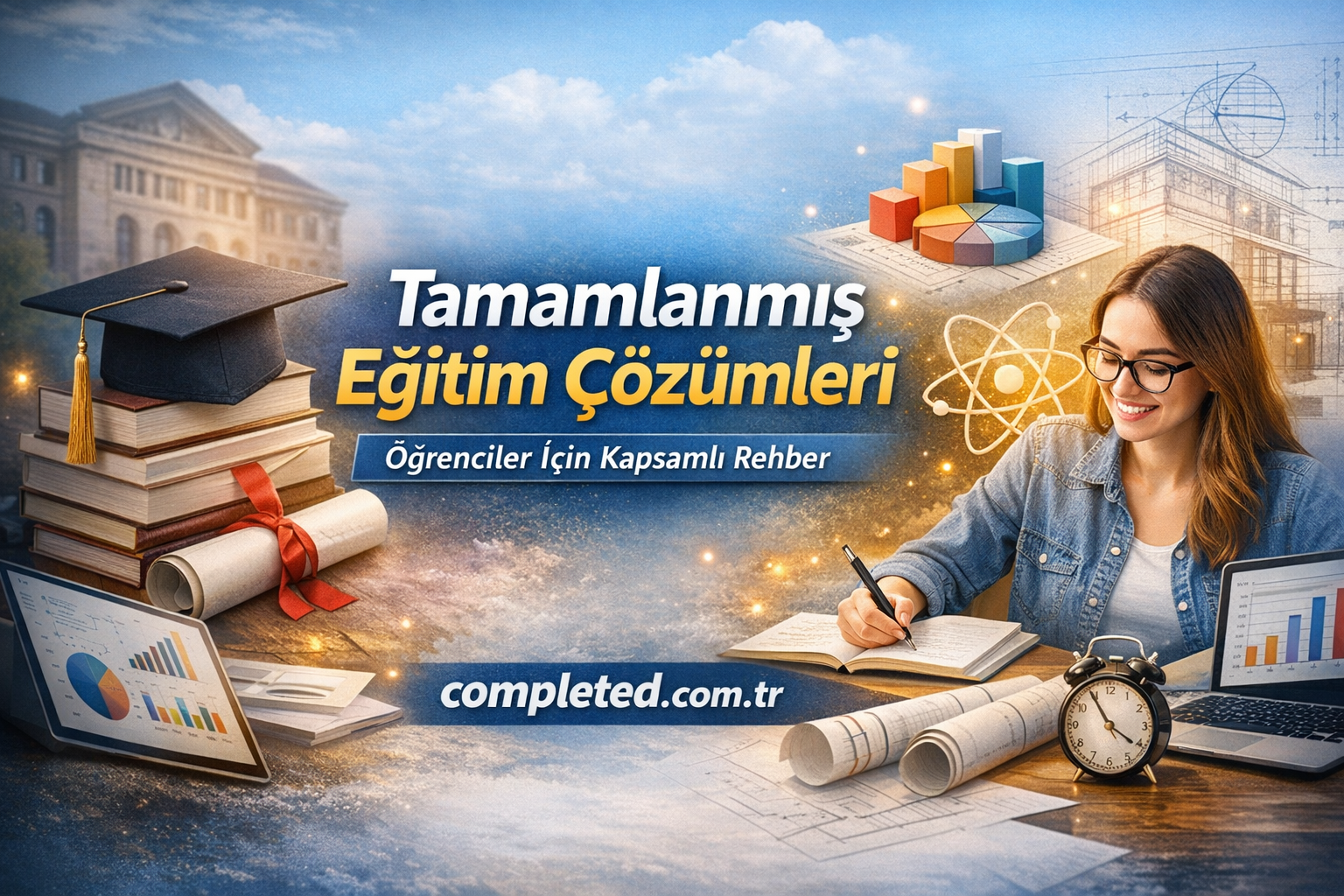 Turkish banner for completed education solutions showing a student writing at a desk with charts, books, and a graduation cap; completed.com.tr