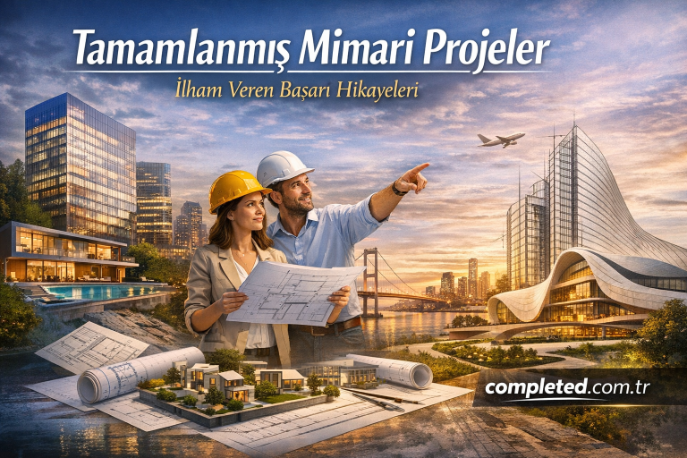 Two engineers wearing hard hats hold blueprints and point toward a city skyline at sunset, discussing plans.