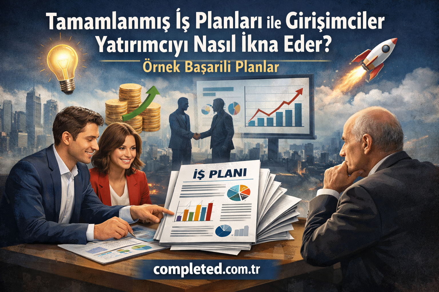 Tamamlanmış İş Planları ile Girişimciler Yatırımcıyı Nasıl İkna Eder - Görev Tamamlandı Two professionals present a business plan to an investor, with stacked reports, charts, and growth symbols in a city backdrop.