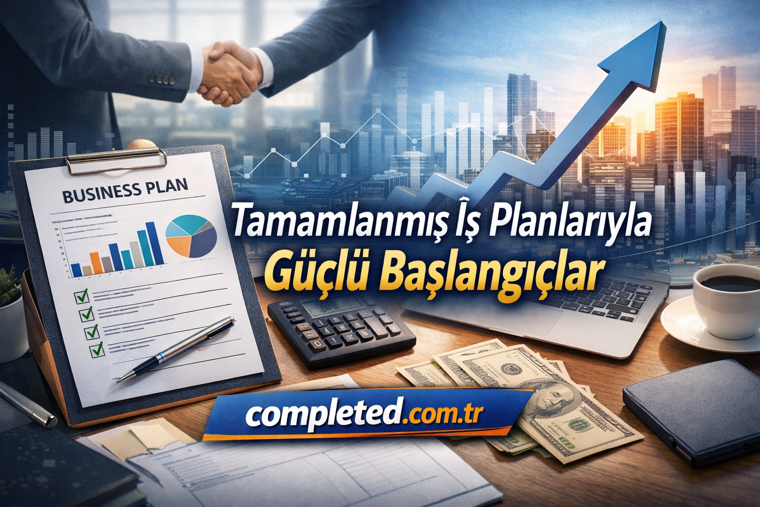 Tamamlanmış İş Planlarıyla Güçlü Başlangıçlar - Görev Tamamlandı El sıkışan iki iş insanı, yükselen grafikler ve iş planı belgeleriyle güçlü bir başlangıcı simgeleyen ofis sahnesi.