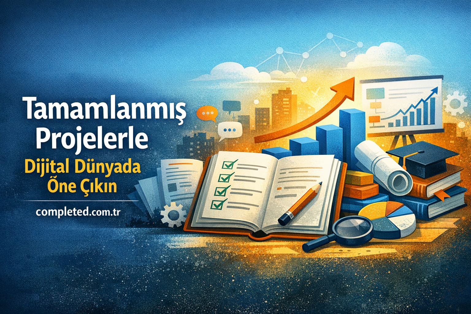 Tamamlanmış Projelerle Dijital Dünyada Öne Çıkın - Görev Tamamlandı Banner promoting 'Tamamlanmış Projelerle Dijital Dünyada Öne Çıkın' with an open notebook, pencil, charts and a rising arrow over a cityscape; conveys success in digital projects.