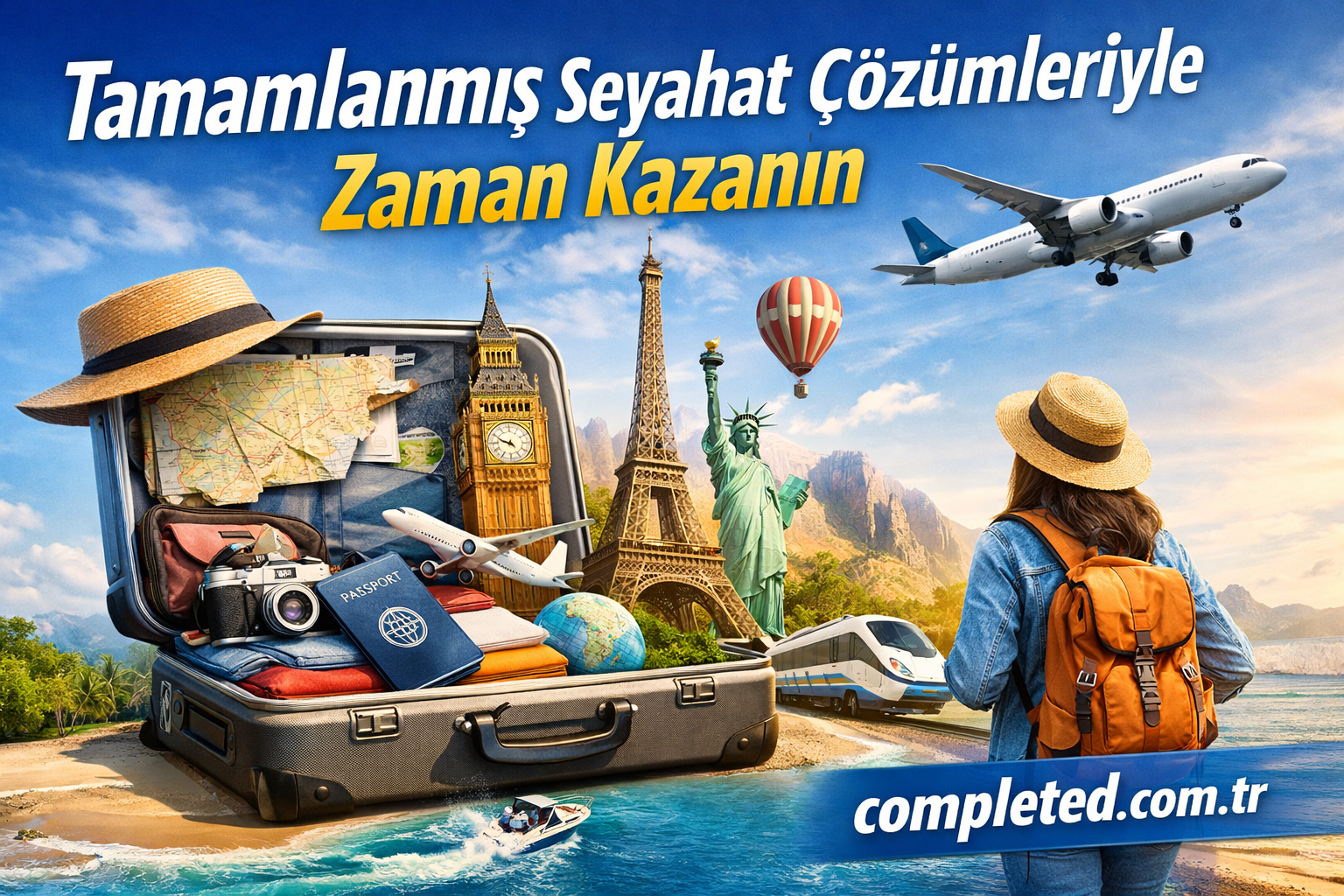Traveler with an orange backpack and straw hat stands on a beach beside a giant open suitcase overflowing with maps, passport, camera, globe, and travel gear; iconic landmarks (Big Ben, Eiffel Tower, Statue of Liberty) rise from the scene as a plane flies overhead, suggesting a travel advertisement.