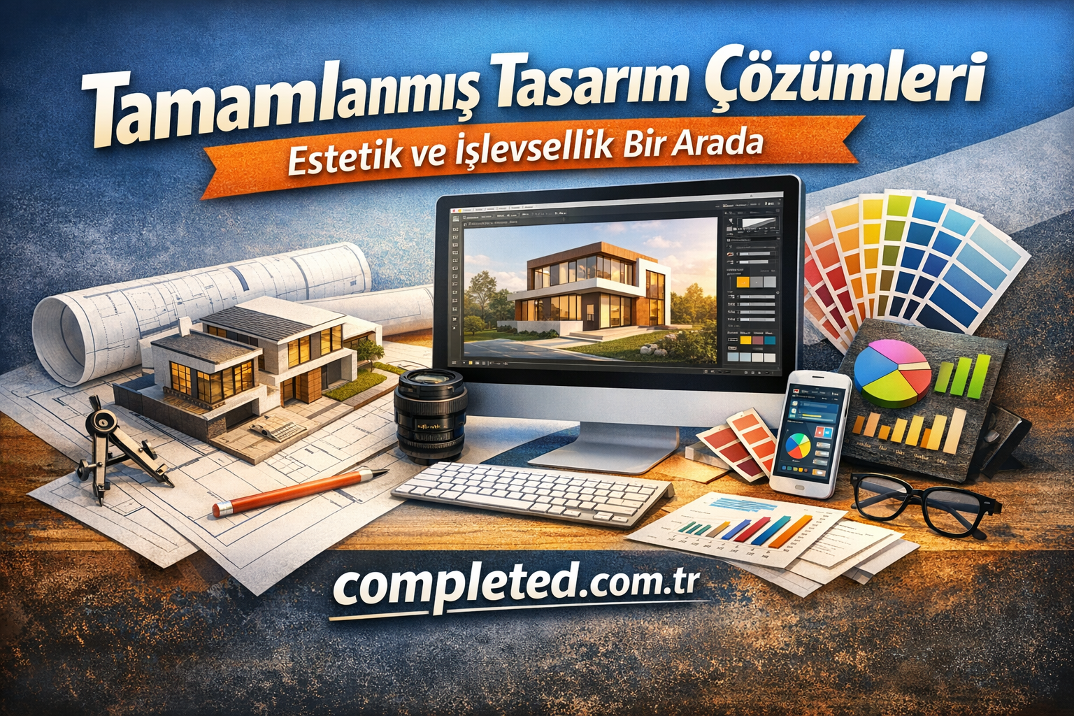 Tamamlanmış Tasarım Çözümleri Estetik ve İşlevsellik Bir Arada - Görev Tamamlandı Hero image advertising completed design solutions: desktop computer showing a modern house rendering, blueprints, color swatches, and charts on a desk.