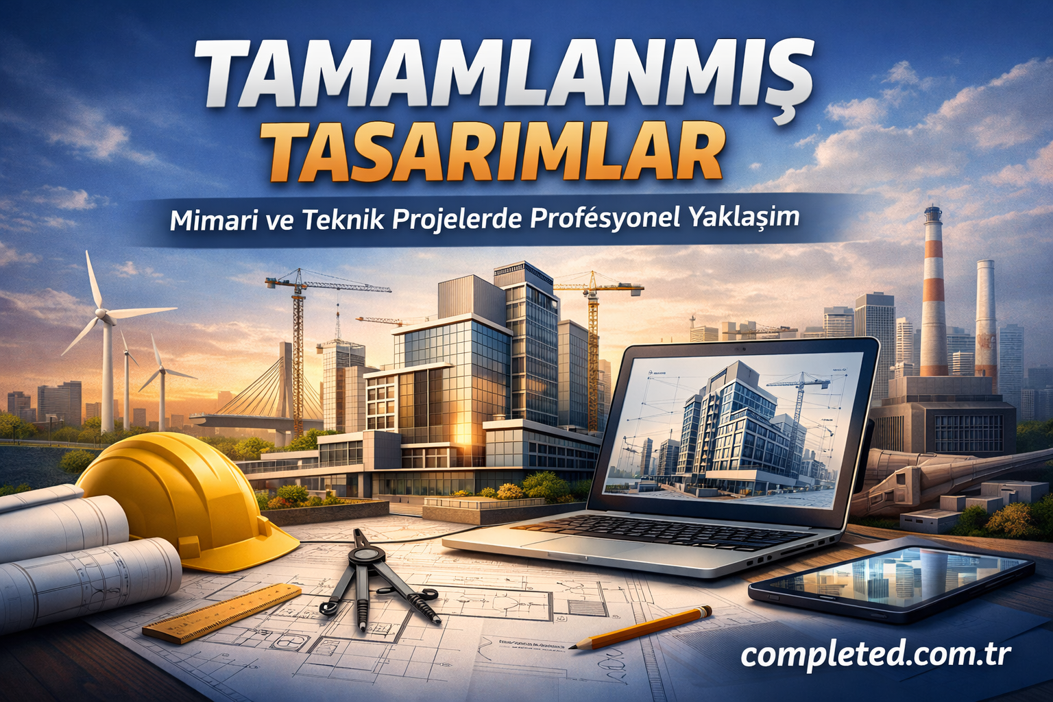 Tamamlanmış Tasarımlar - Görev Tamamlandı Construction design workspace with blueprints, drafting tools, a yellow hard hat, and a laptop showing modern buildings against a cityscape with cranes and wind turbines.