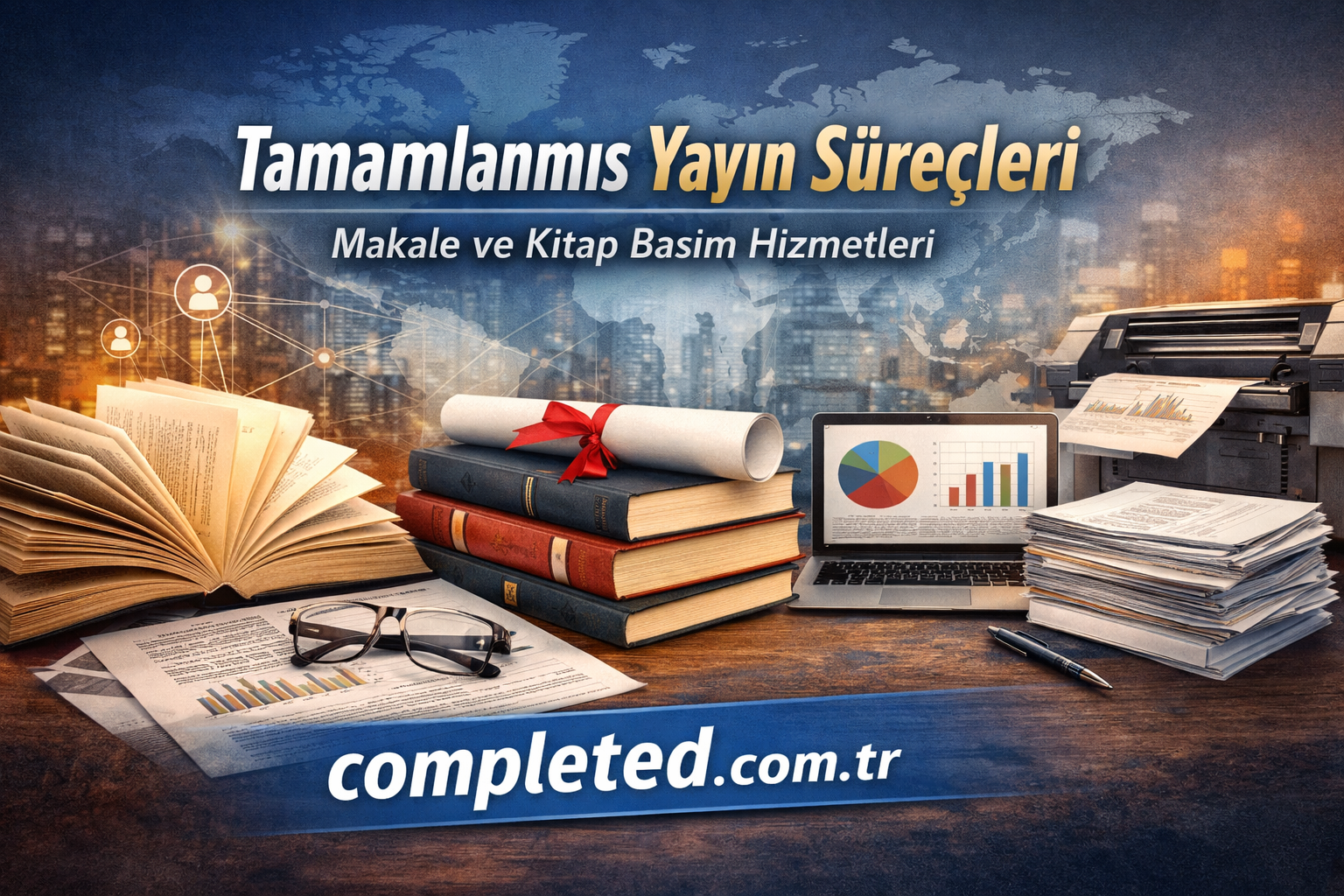 Tamamlanmış Yayın Süreçleri - Görev Tamamlandı Yayımlama hizmetleri için reklam bannerı: Tamamlanmış Yayın Süreçleri, Makale ve Kitap Basım Hizmetleri, completed.com.tr yazısı görüyor.