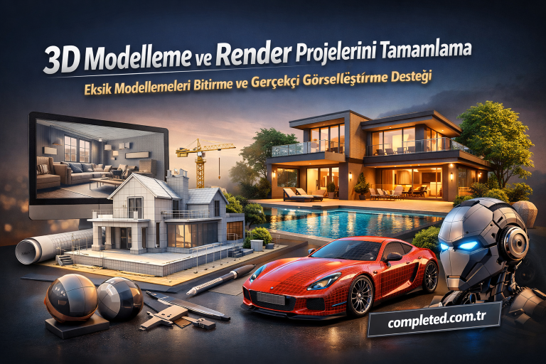 Montage advertising 3D modeling: luxury house with pool, red sports car, robot head, tools, and a monitor displaying an interior render.