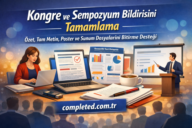 Conference and symposium announcement banner with presenters, laptops, charts, and a coffee cup, featuring the URL completed.com.tr.