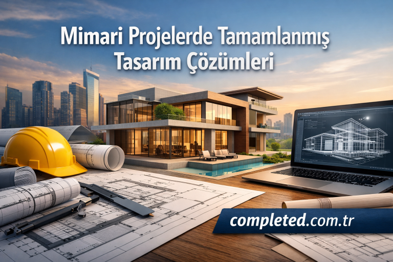Modern luxury house with glass walls, blueprints, a yellow hard hat, and a laptop displaying a 3D building; Turkish title above.