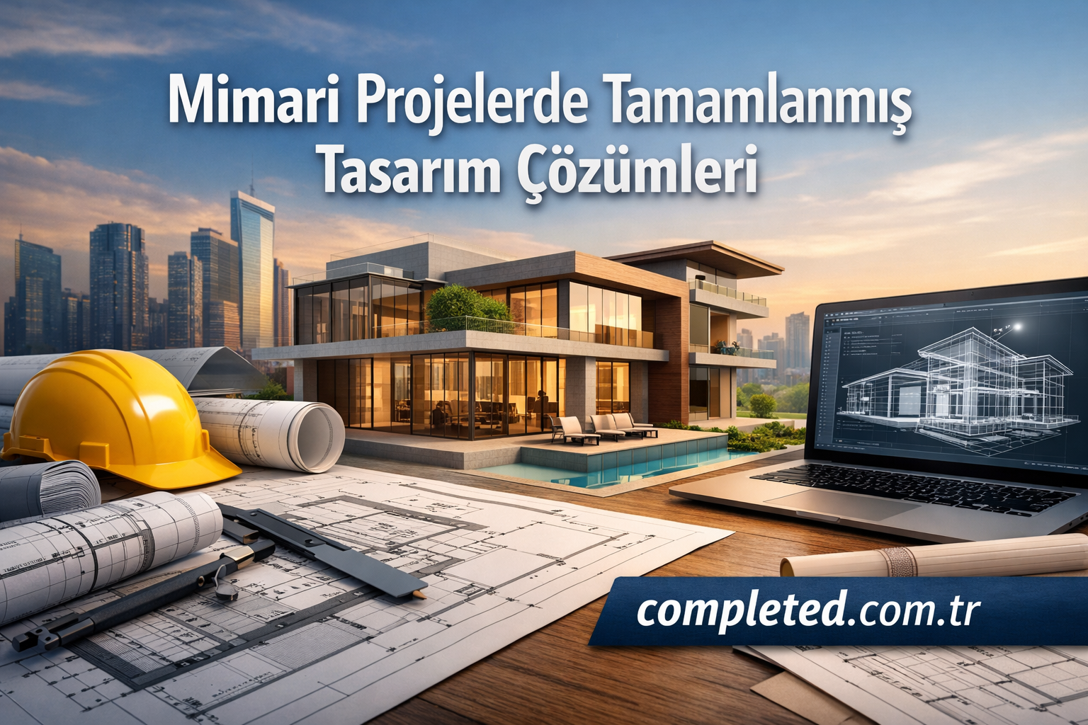 Modern luxury house with glass walls, blueprints, a yellow hard hat, and a laptop displaying a 3D building; Turkish title above.