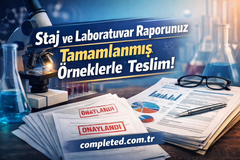 Lab bench with a microscope, beaker, charts, and glasses; papers stamped 'ONAYLANDI' and a banner about a completed lab report in Turkish.