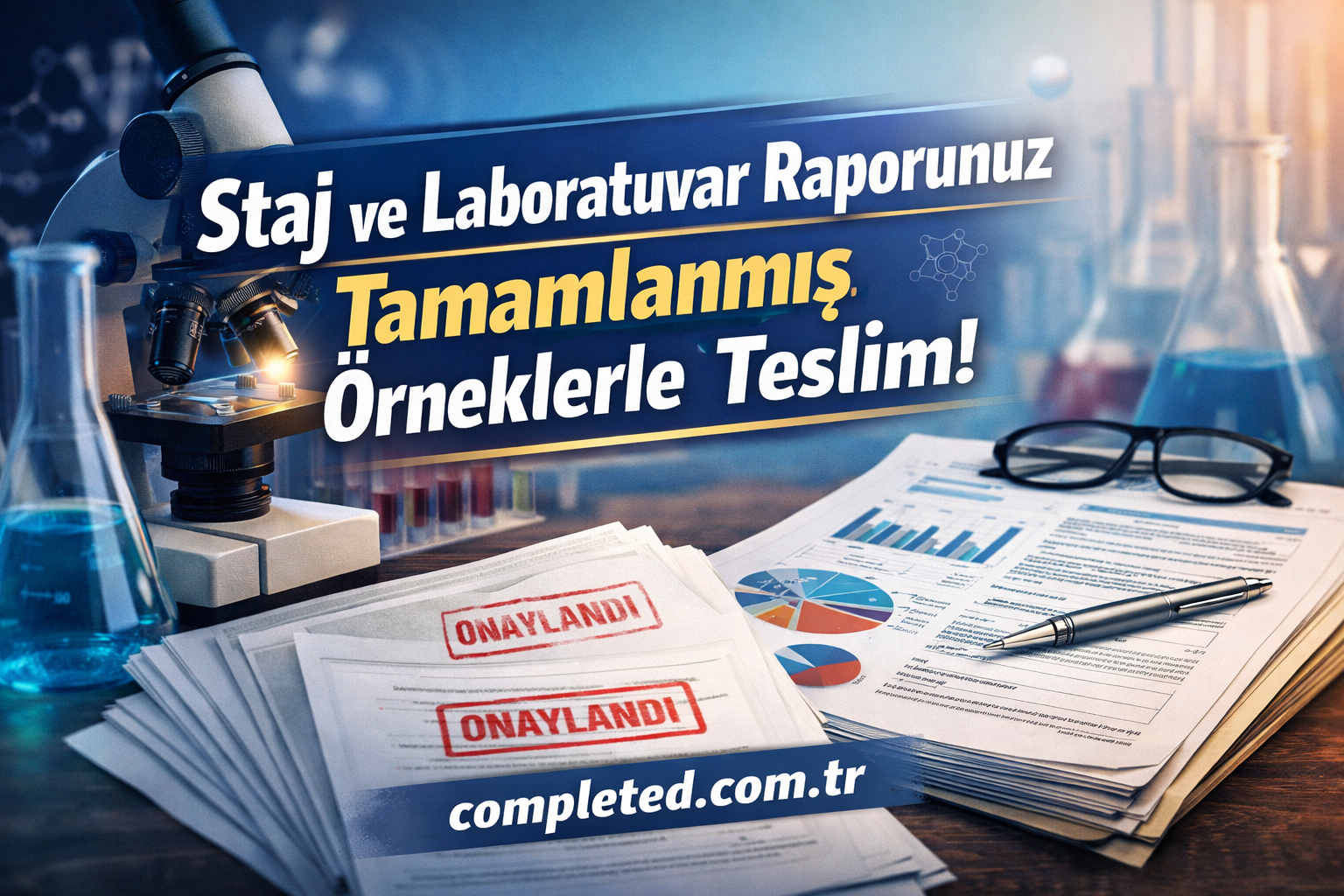 Lab bench with a microscope, beaker, charts, and glasses; papers stamped 'ONAYLANDI' and a banner about a completed lab report in Turkish.