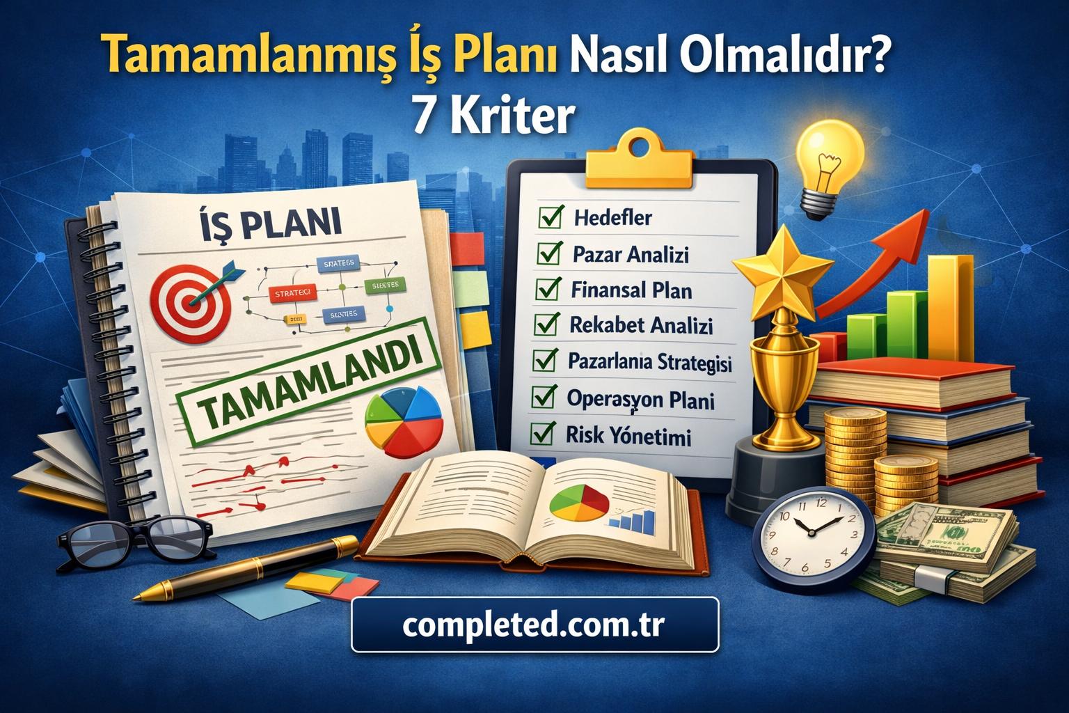 Completed business plan concept: clipboard checklist, charts, money, trophy, and completed.com.tr at bottom.