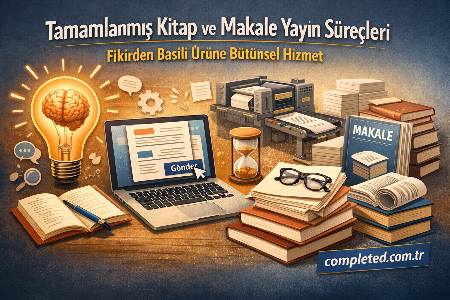 Publishing workflow illustration: laptop showing a form, printer, stack of books, glasses, and a glowing brain-light bulb on a desk. Turkish title text above.