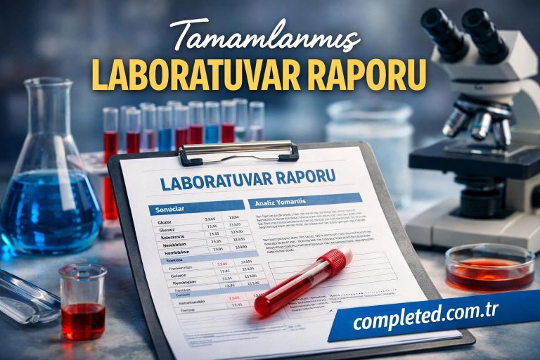 Clipboard with a completed laboratory report in Turkish, red pipette, test tubes, beaker, and a microscope nearby.