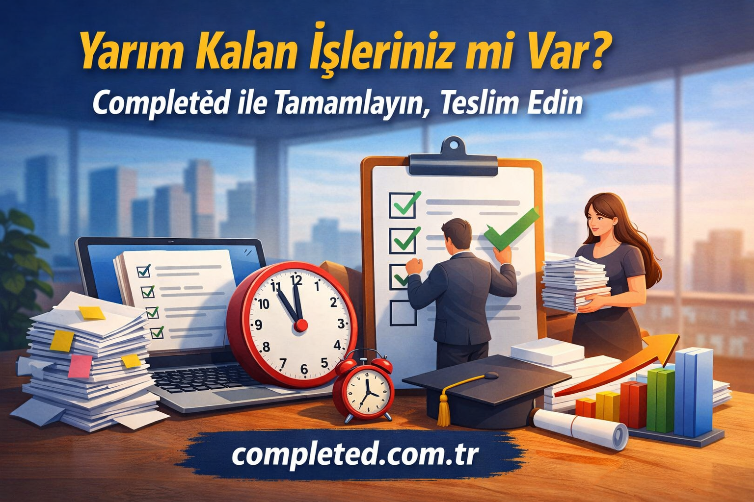 Turkish ad promoting task completion: office desk with laptop, clocks, stacked papers, and a clipboard checklist held by a man, plus a woman with documents and a graduation cap in the scene.