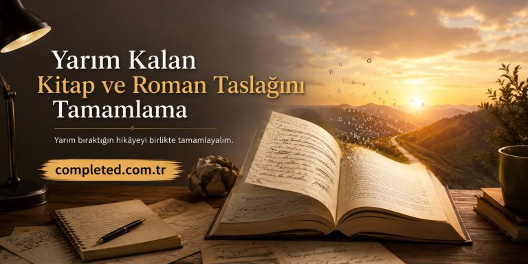 Turkish banner promoting completing an unfinished book and novel draft, shows an open manuscript on a desk at sunset with a lamp and notes. Includes completed.com.tr URL.