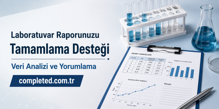 Laboratuvar raporunu tamamlama desteğini tanıtan görsel: tüpler ve grafiklerle dolu bir çalışma masası ve altyazı alanı.