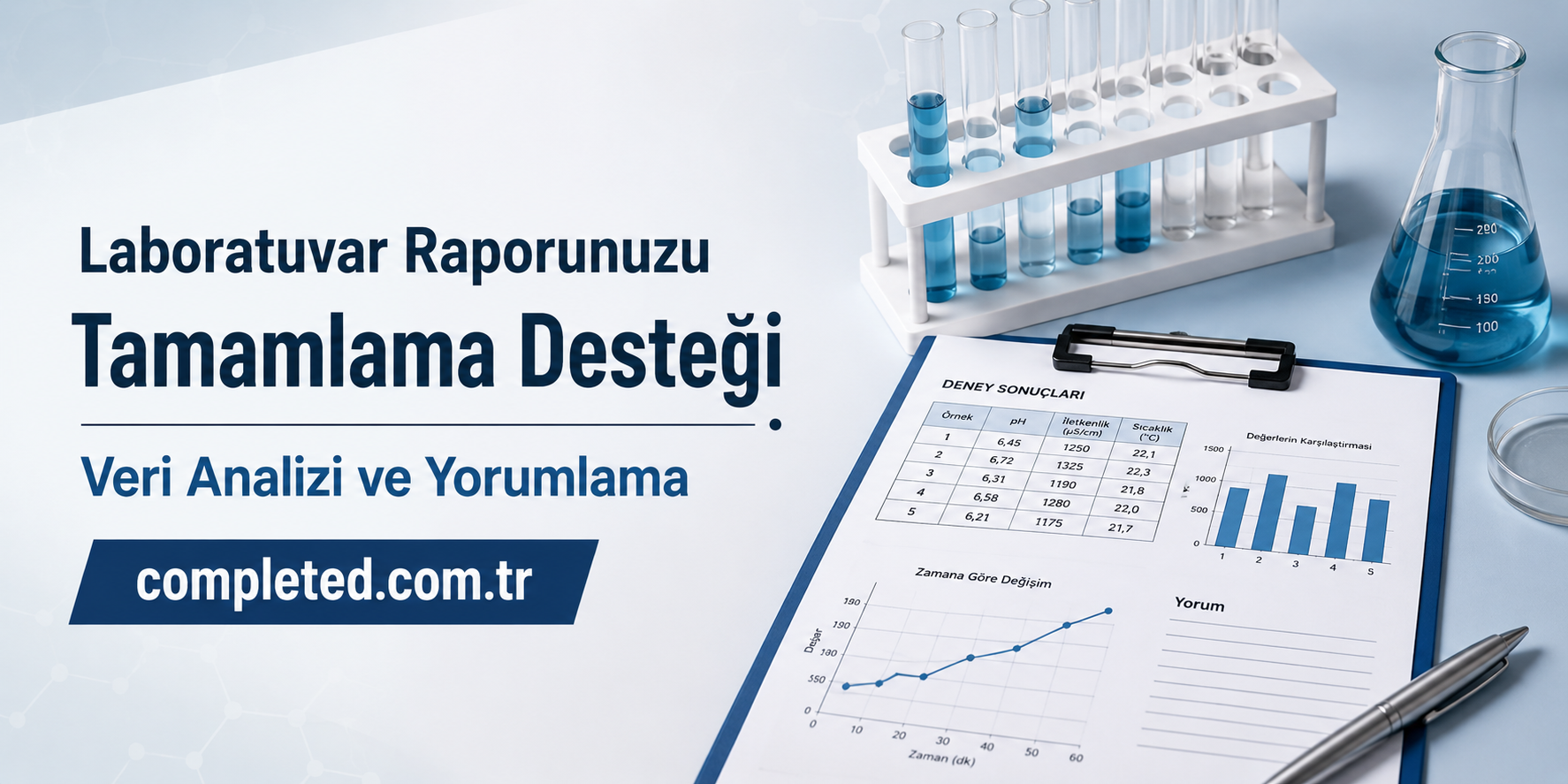 Laboratuvar Raporunuzu Tamamlama Desteği - Görev Tamamlandı Laboratuvar raporunu tamamlama desteğini tanıtan görsel: tüpler ve grafiklerle dolu bir çalışma masası ve altyazı alanı.