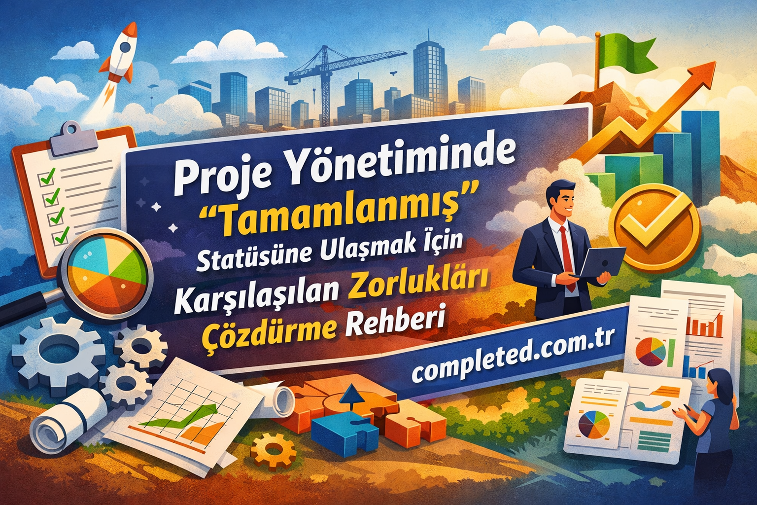 Renkli infografik afiş: Proje yönetiminde tamamlanmış statüsüne ulaşmak için zorluklar ve çözümler anlatılıyor (completed.com.tr yazılı bannerla).