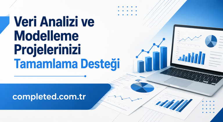 Turkish-language banner offering data analysis and modeling project completion support, with charts and a laptop on a desk.