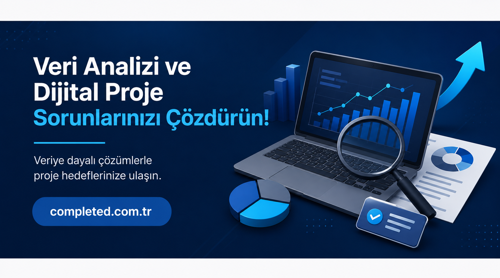 Veri analizi ve dijital proje çözümleri sunan reklam afişi: grafikler gösteren laptop, büyüteç ve yükselen ok ile etkileyici görsel.