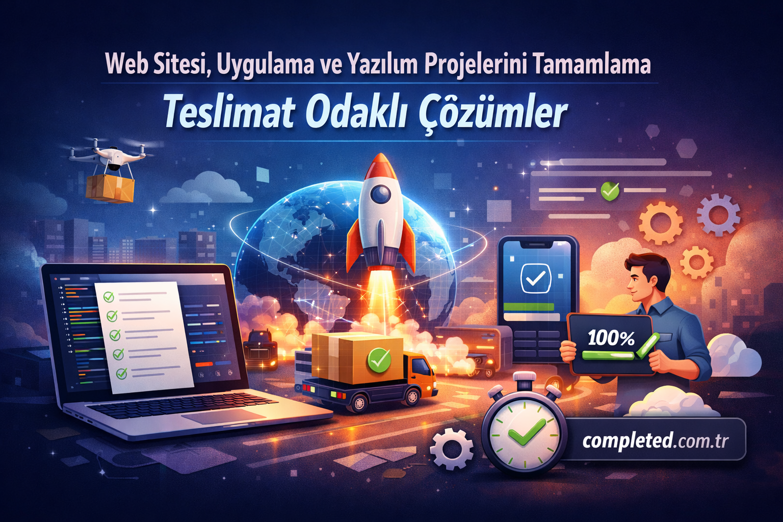 Delivery-focused tech illustration with a rocket launch around the globe, a laptop with code, a drone delivering a package, trucks, and a person showing a 100% progress tablet.