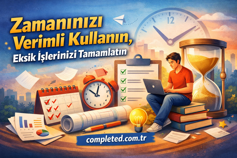Promotional banner encouraging efficient time use with a person on a laptop among clocks, hourglass, checklist, and charts in a colorful cityscape backdrop.