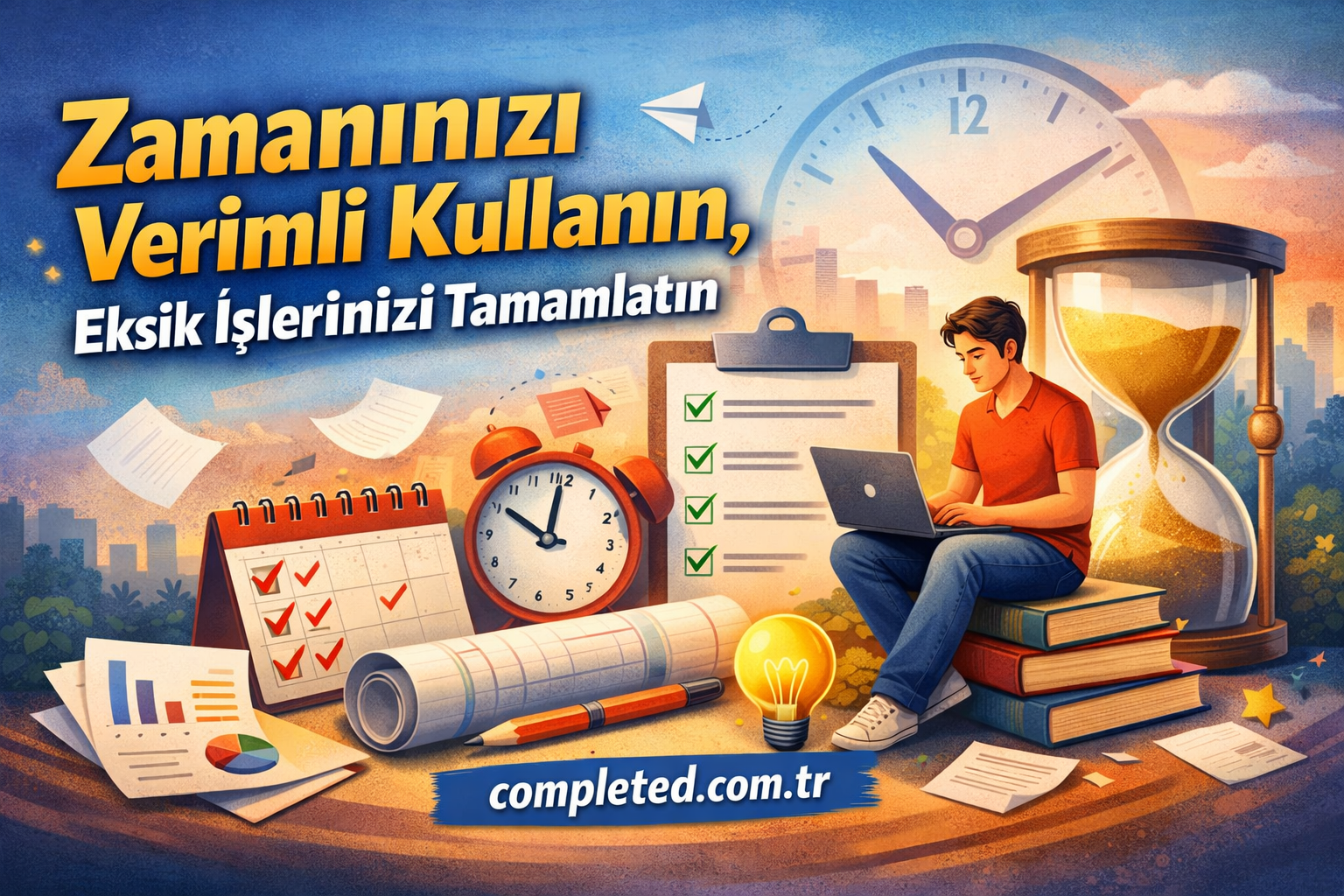 Zamanınızı Verimli Kullanın Eksik İşlerinizi Tamamlatın - Görev Tamamlandı Promotional banner encouraging efficient time use with a person on a laptop among clocks, hourglass, checklist, and charts in a colorful cityscape backdrop.